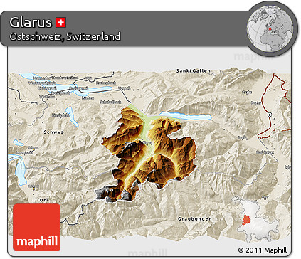 Physical 3D Map of Glarus, shaded relief outside