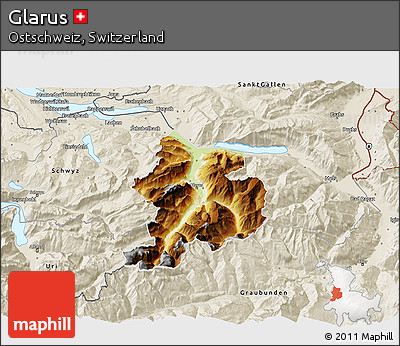 Physical 3D Map of Glarus, shaded relief outside