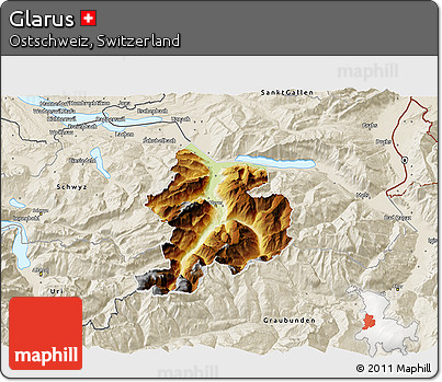 Physical 3D Map of Glarus, shaded relief outside