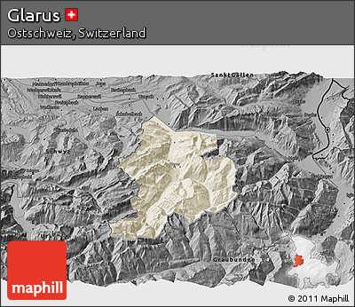 Shaded Relief 3D Map of Glarus, darken, desaturated