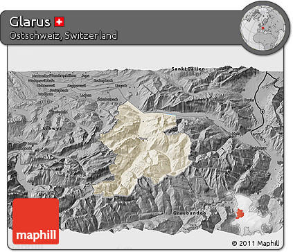 Shaded Relief 3D Map of Glarus, darken, desaturated