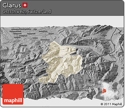 Shaded Relief 3D Map of Glarus, darken, desaturated