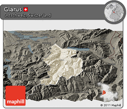 Shaded Relief 3D Map of Glarus, darken
