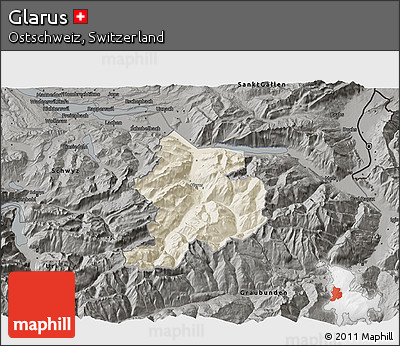 Shaded Relief 3D Map of Glarus, darken, semi-desaturated