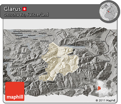 Shaded Relief 3D Map of Glarus, darken, semi-desaturated