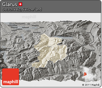 Shaded Relief 3D Map of Glarus, darken, semi-desaturated