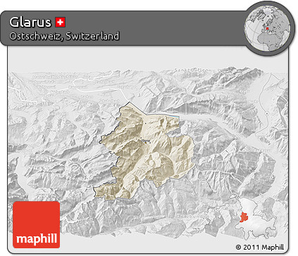 Shaded Relief 3D Map of Glarus, lighten, desaturated