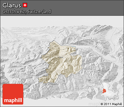Shaded Relief 3D Map of Glarus, lighten, desaturated