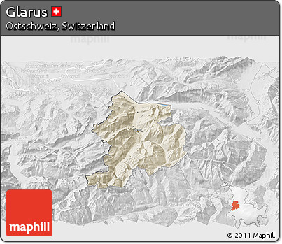 Shaded Relief 3D Map of Glarus, lighten, desaturated