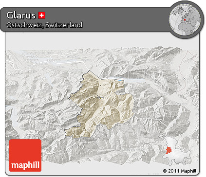 Shaded Relief 3D Map of Glarus, lighten, semi-desaturated