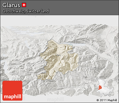Shaded Relief 3D Map of Glarus, lighten, semi-desaturated