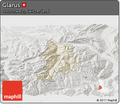 Shaded Relief 3D Map of Glarus, lighten, semi-desaturated
