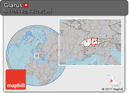 Gray Location Map of Glarus, highlighted country, within the entire country, hill shading