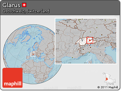 Gray Location Map of Glarus, highlighted country, within the entire country, hill shading