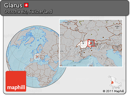 Gray Location Map of Glarus, highlighted country, highlighted parent region, hill shading