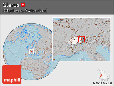 Gray Location Map of Glarus, highlighted country, highlighted parent region, hill shading