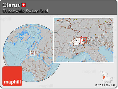 Gray Location Map of Glarus, highlighted country, highlighted parent region, hill shading