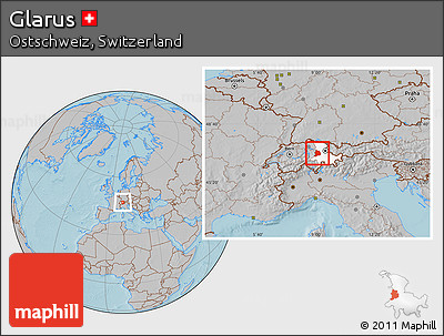 Gray Location Map of Glarus, highlighted parent region, hill shading