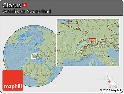 Savanna Style Location Map of Glarus, within the entire country, hill shading