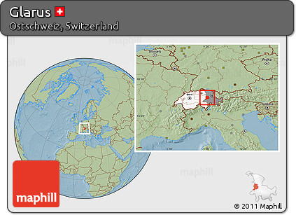 Savanna Style Location Map of Glarus, highlighted country, highlighted parent region, hill shading