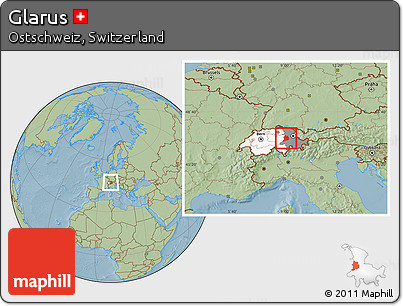 Savanna Style Location Map of Glarus, highlighted country, highlighted parent region, hill shading