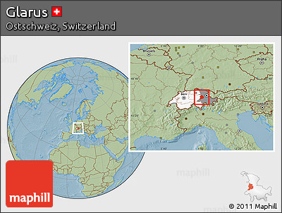 Savanna Style Location Map of Glarus, highlighted country, highlighted parent region, hill shading