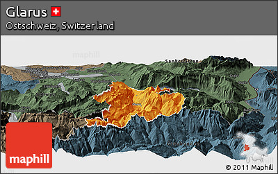 Political Panoramic Map of Glarus, darken, semi-desaturated