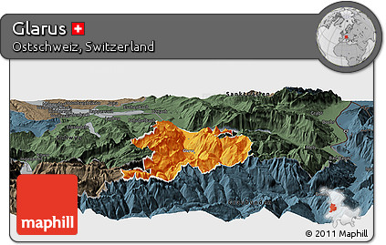 Political Panoramic Map of Glarus, darken, semi-desaturated