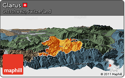 Political Panoramic Map of Glarus, darken, semi-desaturated