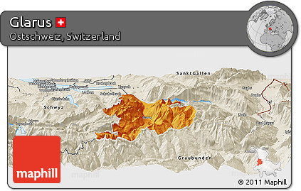 Political Panoramic Map of Glarus, shaded relief outside