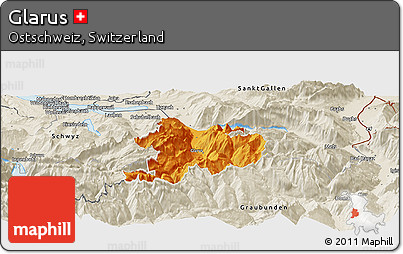 Political Panoramic Map of Glarus, shaded relief outside