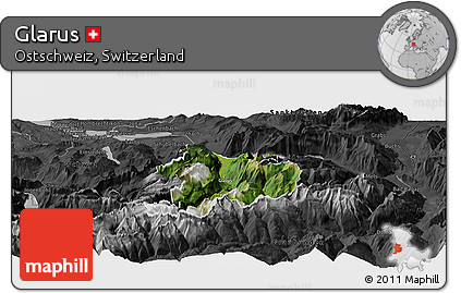 Satellite Panoramic Map of Glarus, darken, desaturated