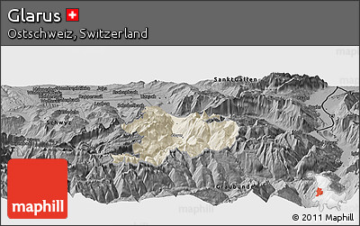Shaded Relief Panoramic Map of Glarus, darken, desaturated