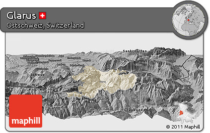 Shaded Relief Panoramic Map of Glarus, darken, desaturated