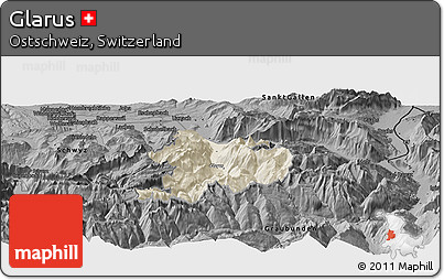 Shaded Relief Panoramic Map of Glarus, darken, desaturated