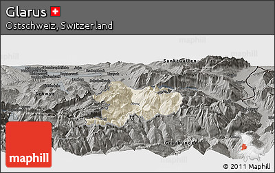 Shaded Relief Panoramic Map of Glarus, darken, semi-desaturated