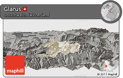 Shaded Relief Panoramic Map of Glarus, darken, semi-desaturated