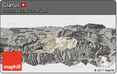 Shaded Relief Panoramic Map of Glarus, darken, semi-desaturated