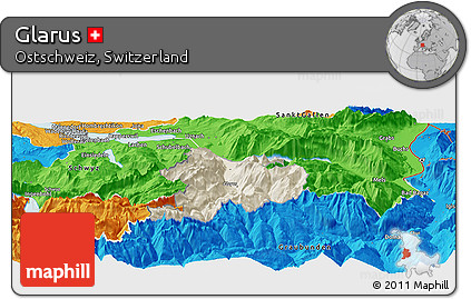 Shaded Relief Panoramic Map of Glarus, political outside