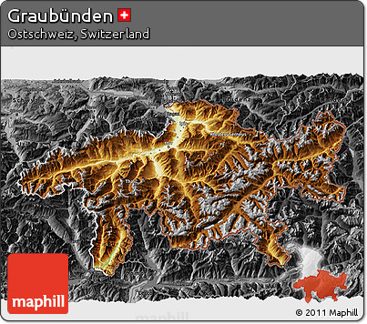 Physical 3D Map of Graubünden, darken, desaturated