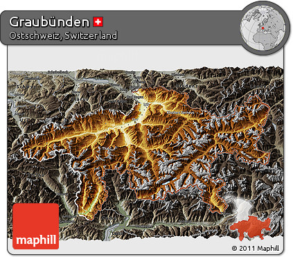 Physical 3D Map of Graubünden, darken, semi-desaturated