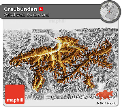 Physical 3D Map of Graubünden, lighten, desaturated