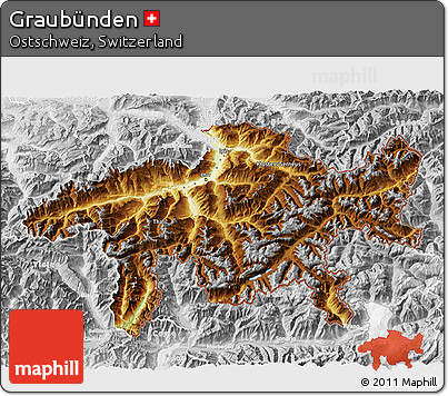 Physical 3D Map of Graubünden, lighten, desaturated