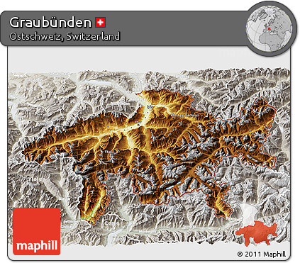 Physical 3D Map of Graubünden, lighten, semi-desaturated