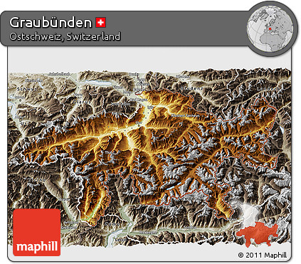 Physical 3D Map of Graubünden, semi-desaturated