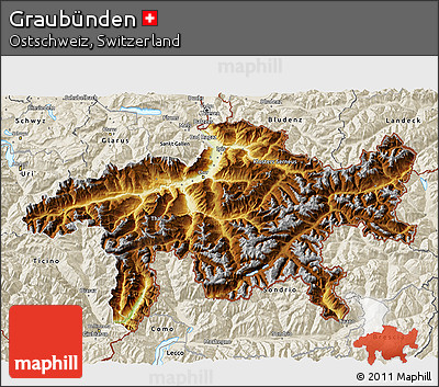 Physical 3D Map of Graubünden, shaded relief outside