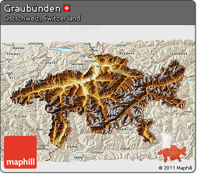 Physical 3D Map of Graubünden, shaded relief outside