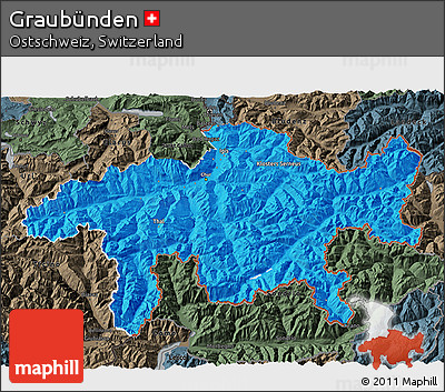 Political 3D Map of Graubünden, darken, semi-desaturated