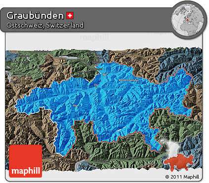Political 3D Map of Graubünden, darken, semi-desaturated
