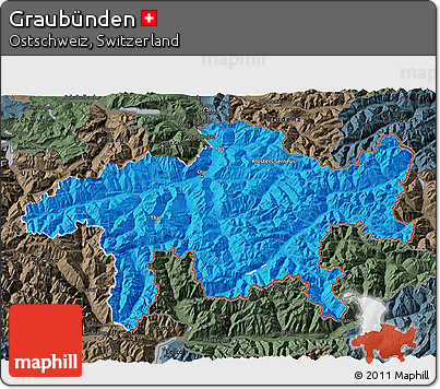 Political 3D Map of Graubünden, darken, semi-desaturated
